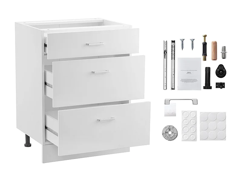 Meuble Bas SucceBuy Shaker 61cm x 48cm x 81cm Prêt à Assembler, 3 Tiroirs, Non Assemblé avec Glissières à Fermeture Amortie, Prêt à Assembler