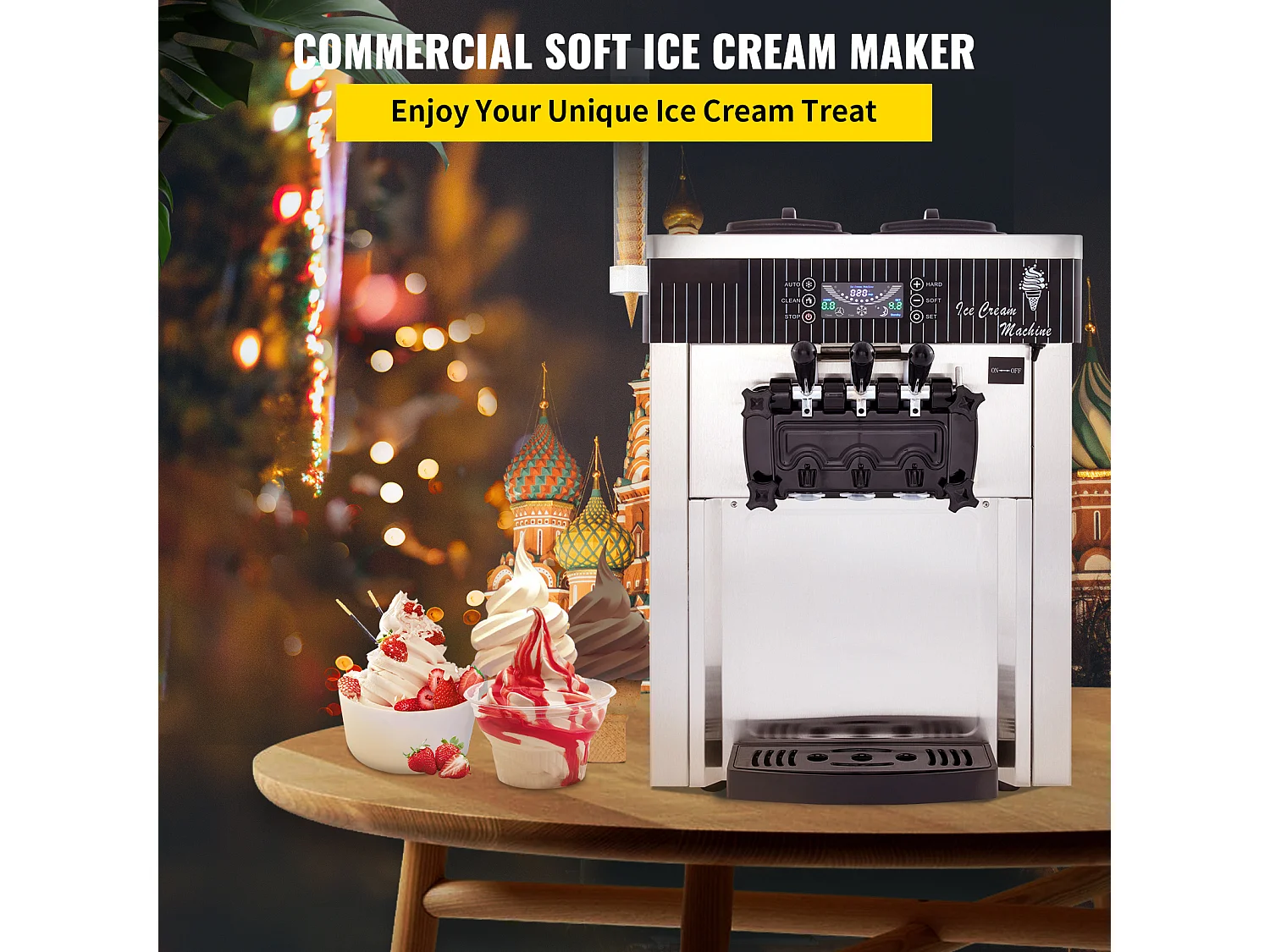 Zachte Ijsmachine SucceBuy, Commerciële Toestel voor Theke 2200 W 2 + 1 Smaken, voor Restaurants, Bars, Cafés, Bakkerijen