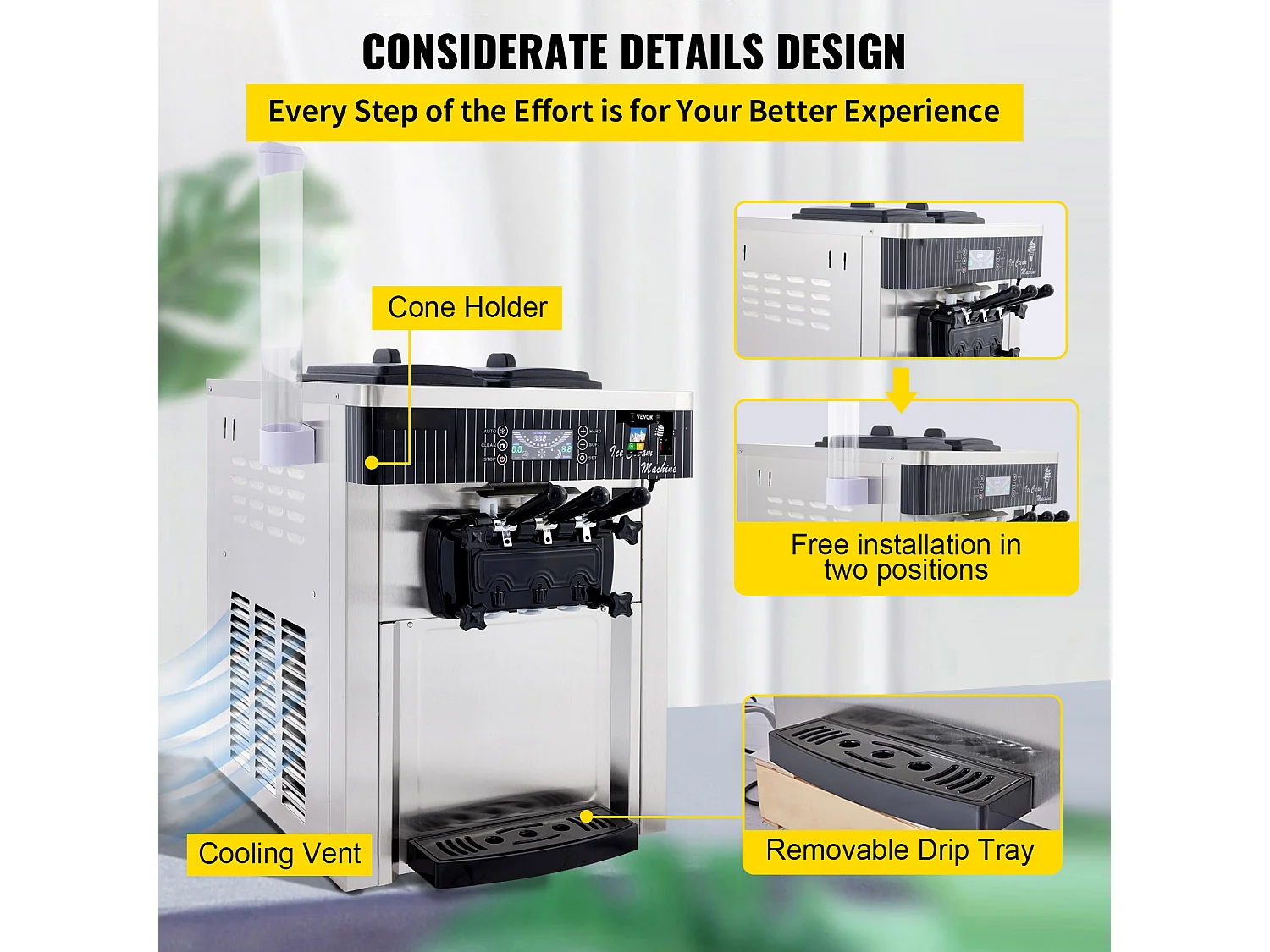 Zachte Ijsmachine SucceBuy, Commerciële Toestel voor Theke 2200 W 2 + 1 Smaken, voor Restaurants, Bars, Cafés, Bakkerijen