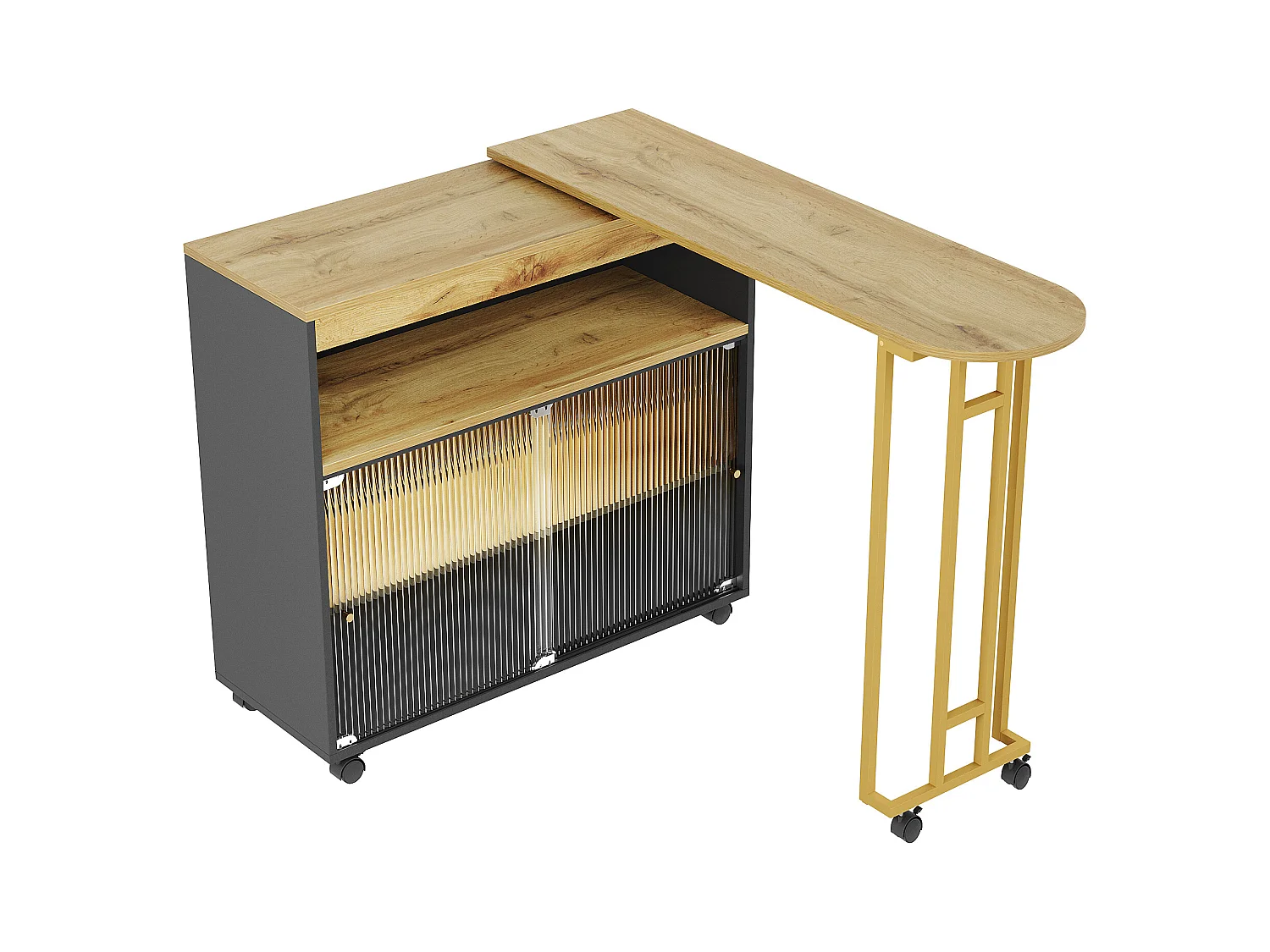 Meuble de bar rotatif - Table de bar extensible avec éclairage LED et portes coulissantes en verre - rangement ouvert - noir