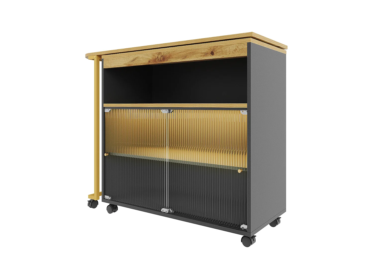 Meuble de bar rotatif - Table de bar extensible avec éclairage LED et portes coulissantes en verre - rangement ouvert - noir