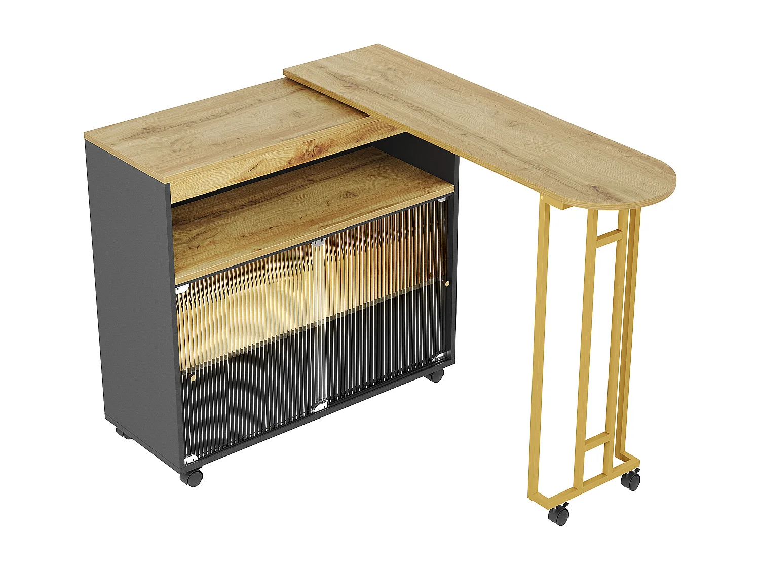 Mueble bar giratorio - Mesa de bar extensible con iluminación LED y puertas corredizas de vidrio - almacenamiento abierto - negro