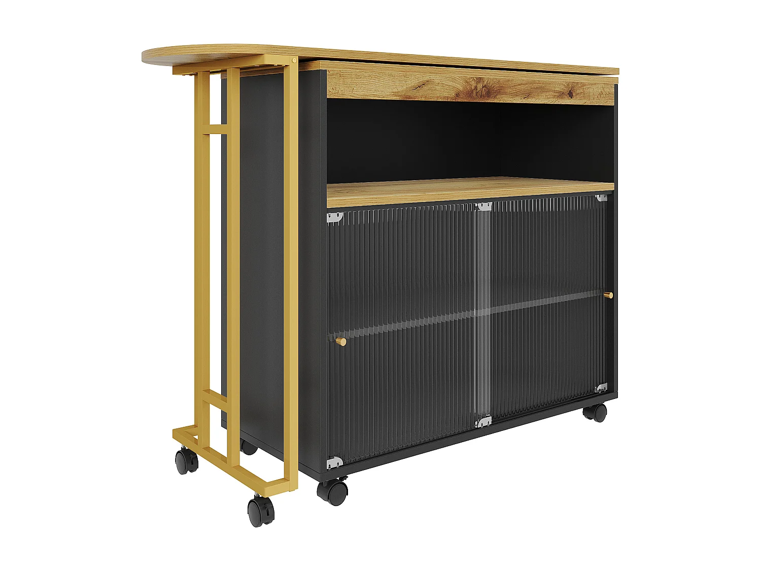 Mueble bar giratorio - Mesa de bar extensible con iluminación LED y puertas corredizas de vidrio - almacenamiento abierto - negro