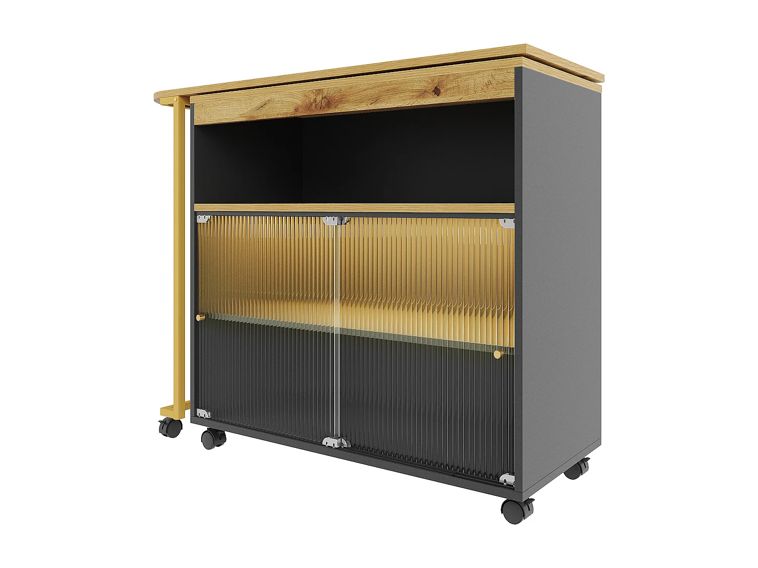 Mueble bar giratorio - Mesa de bar extensible con iluminación LED y puertas corredizas de vidrio - almacenamiento abierto - negro