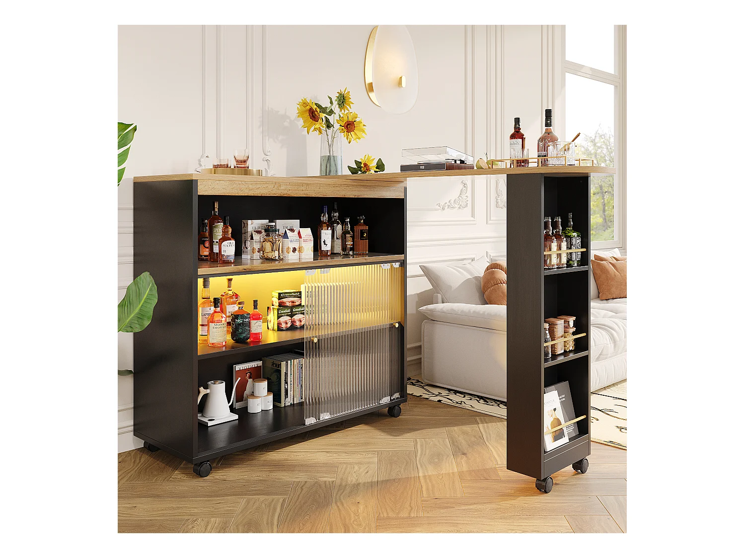 Meuble de bar rotatif - Table de bar extensible avec éclairage LED et porte coulissante en verre - 4 rangements ouverts - noir