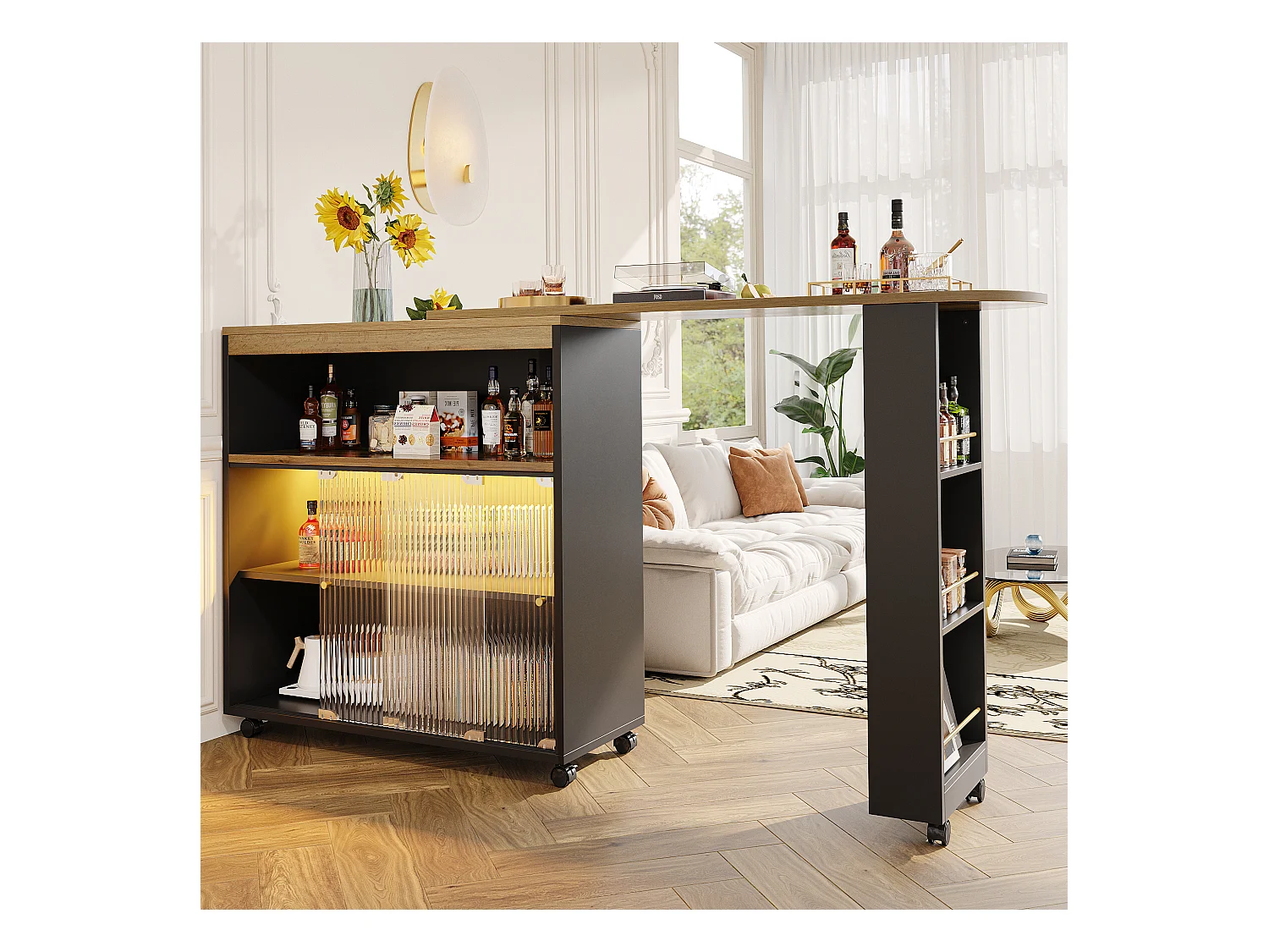 Meuble de bar rotatif - Table de bar extensible avec éclairage LED et porte coulissante en verre - 4 rangements ouverts - noir