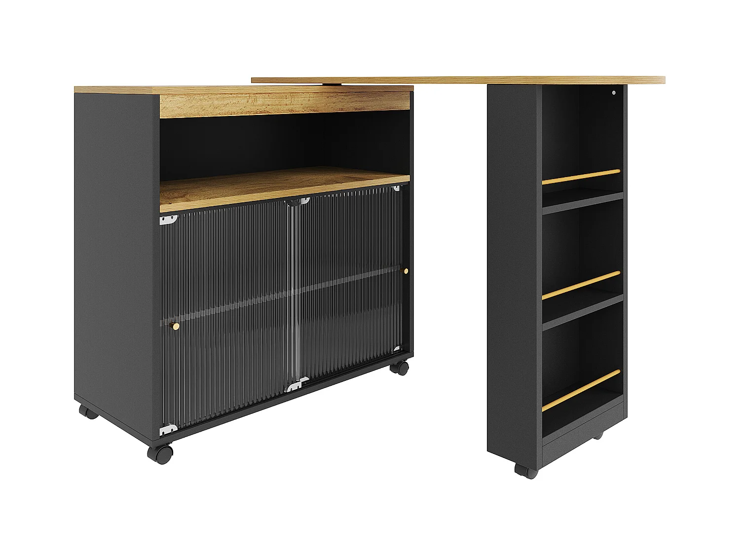 Meuble de bar rotatif - Table de bar extensible avec éclairage LED et porte coulissante en verre - 4 rangements ouverts - noir