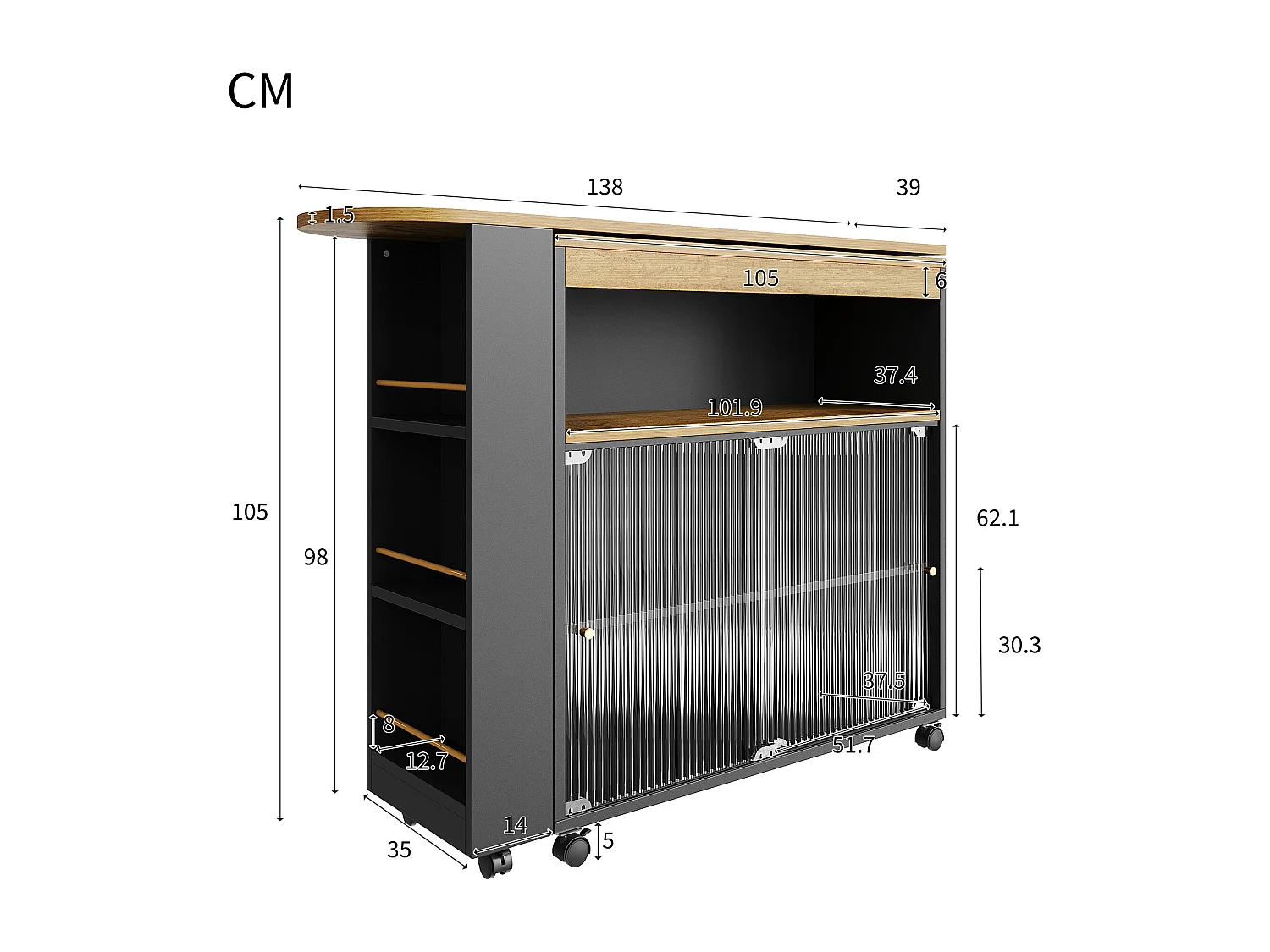 Mobile bar girevole - Tavolo bar estensibile con illuminazione a LED e porta scorrevole in vetro - 4 vani portaoggetti aperti - nero