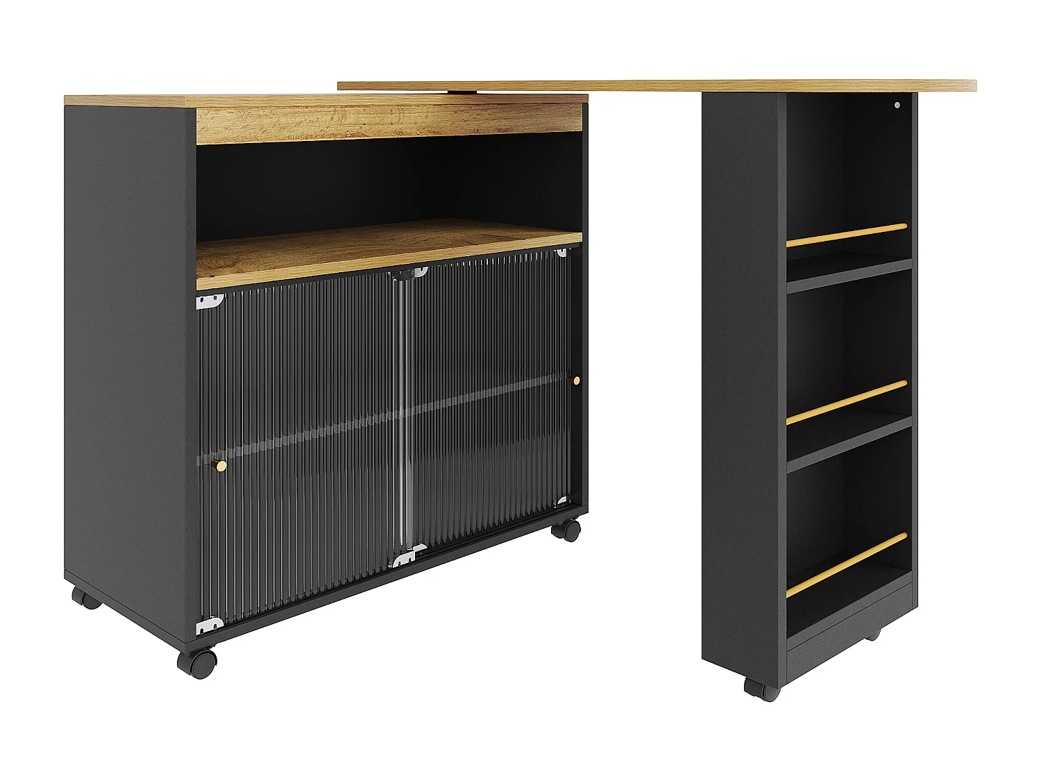 Mobile bar girevole - Tavolo bar estensibile con illuminazione a LED e porta scorrevole in vetro - 4 vani portaoggetti aperti - nero