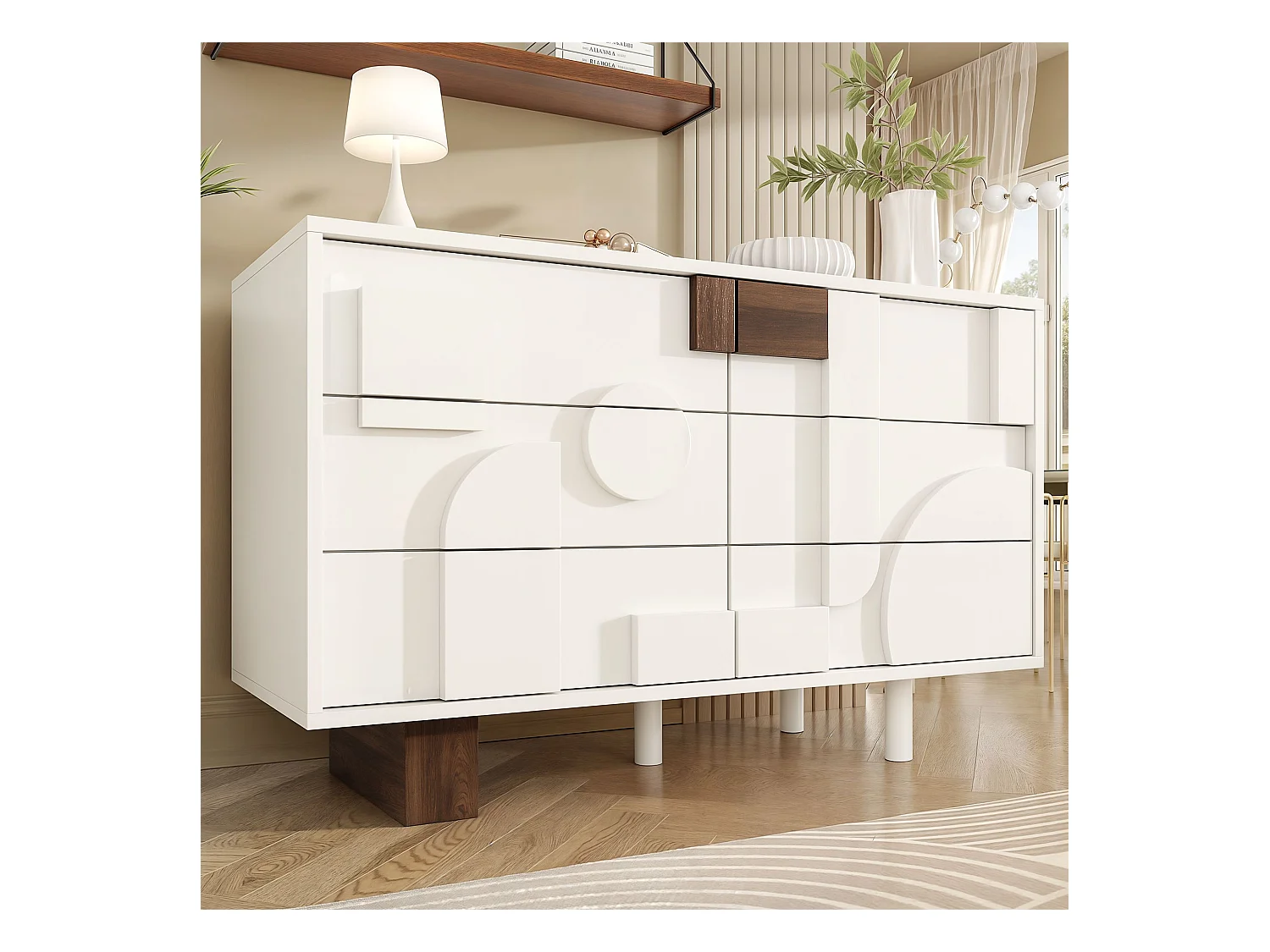 Buffet blanc - Buffet avec 6 tiroirs et portes au design géométrique - pour salle à manger et salon