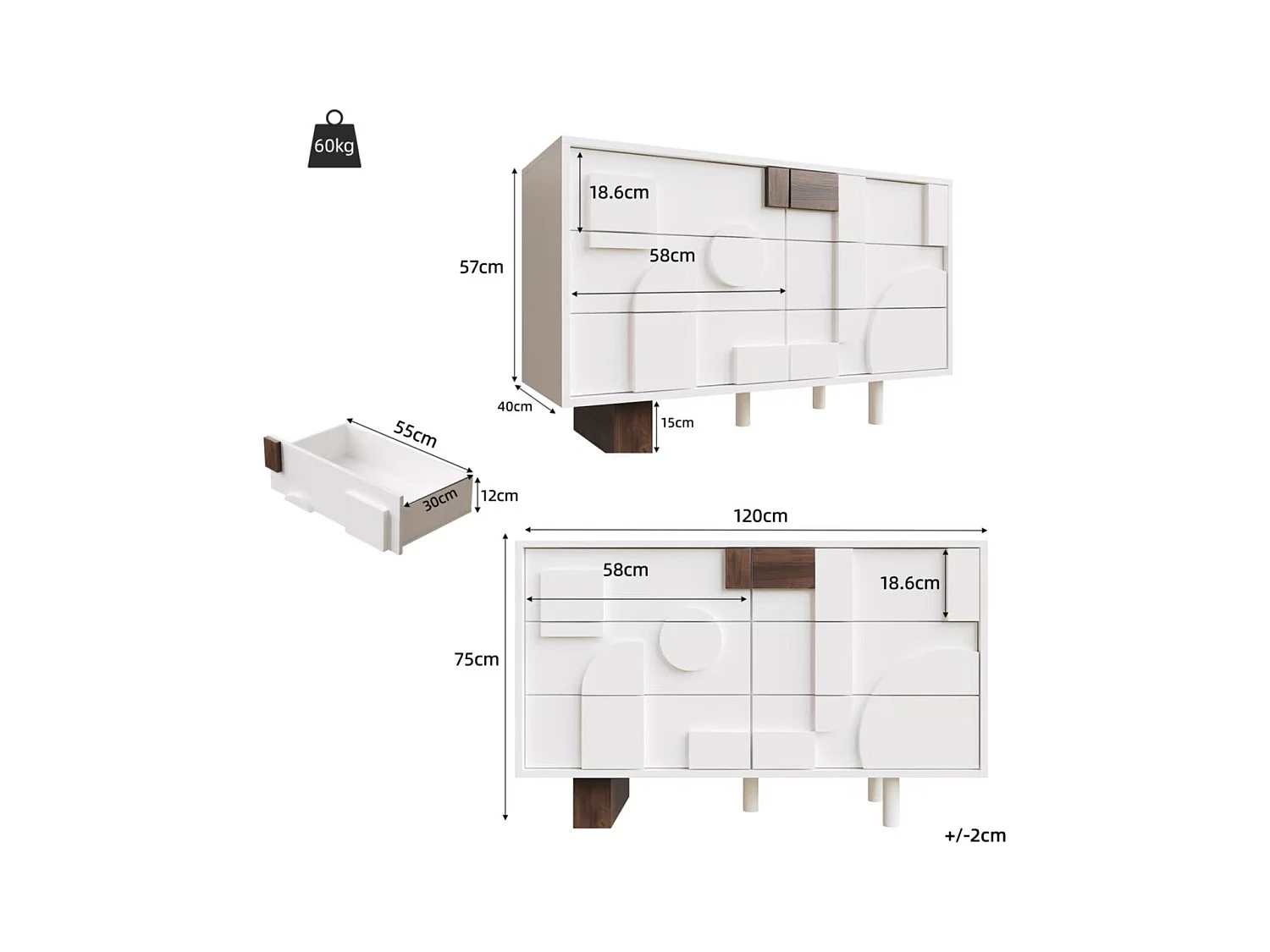 Buffet blanc - Buffet avec 6 tiroirs et portes au design géométrique - pour salle à manger et salon