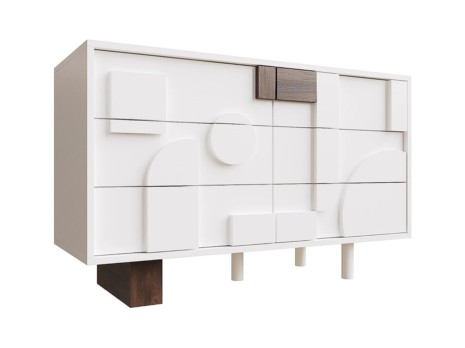 Buffet blanc - Buffet avec 6 tiroirs et portes au design géométrique - pour salle à manger et salon