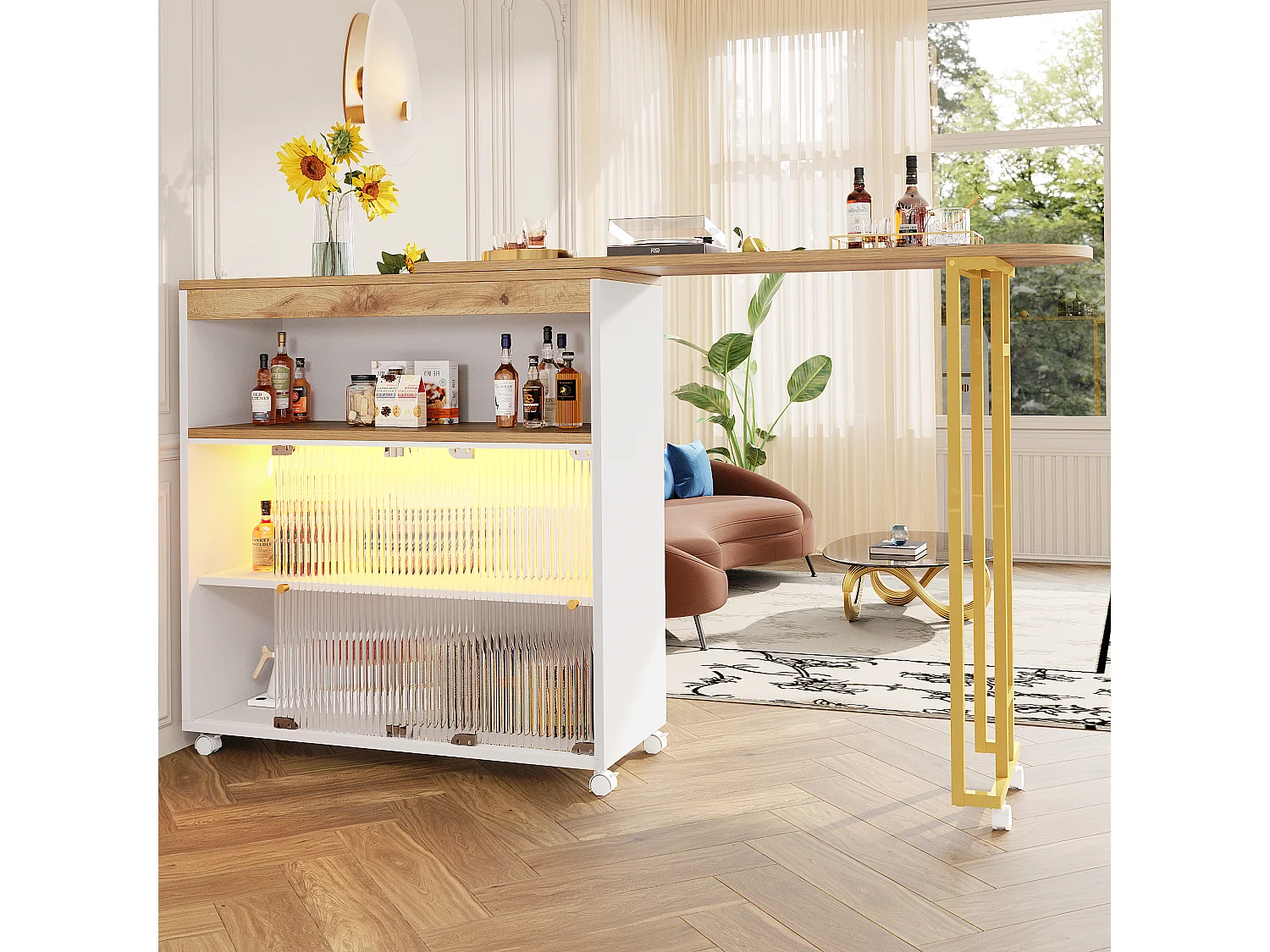 Mueble bar giratorio - Mesa de bar extensible con iluminación LED y puertas corredizas de vidrio - espacio de almacenamiento abierto - blanco