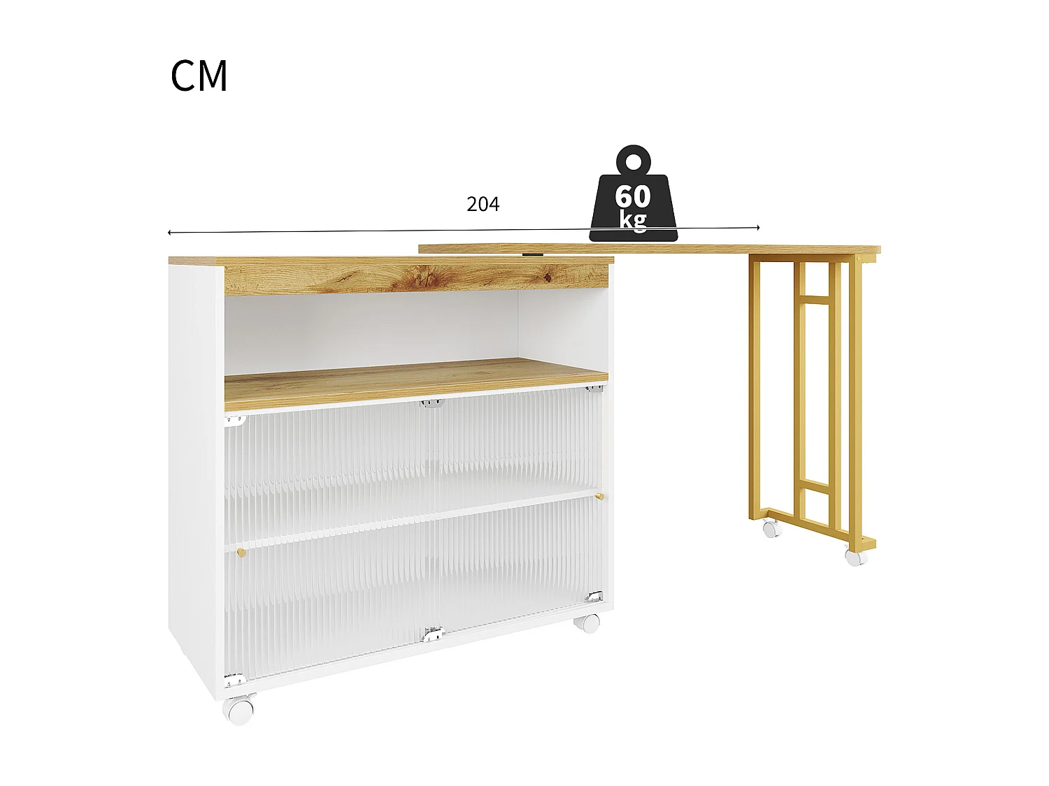 Mueble bar giratorio - Mesa de bar extensible con iluminación LED y puertas corredizas de vidrio - espacio de almacenamiento abierto - blanco