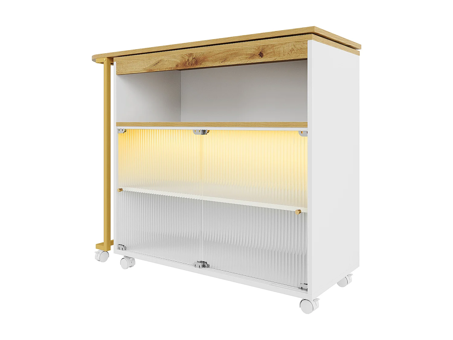 Mueble bar giratorio - Mesa de bar extensible con iluminación LED y puertas corredizas de vidrio - espacio de almacenamiento abierto - blanco