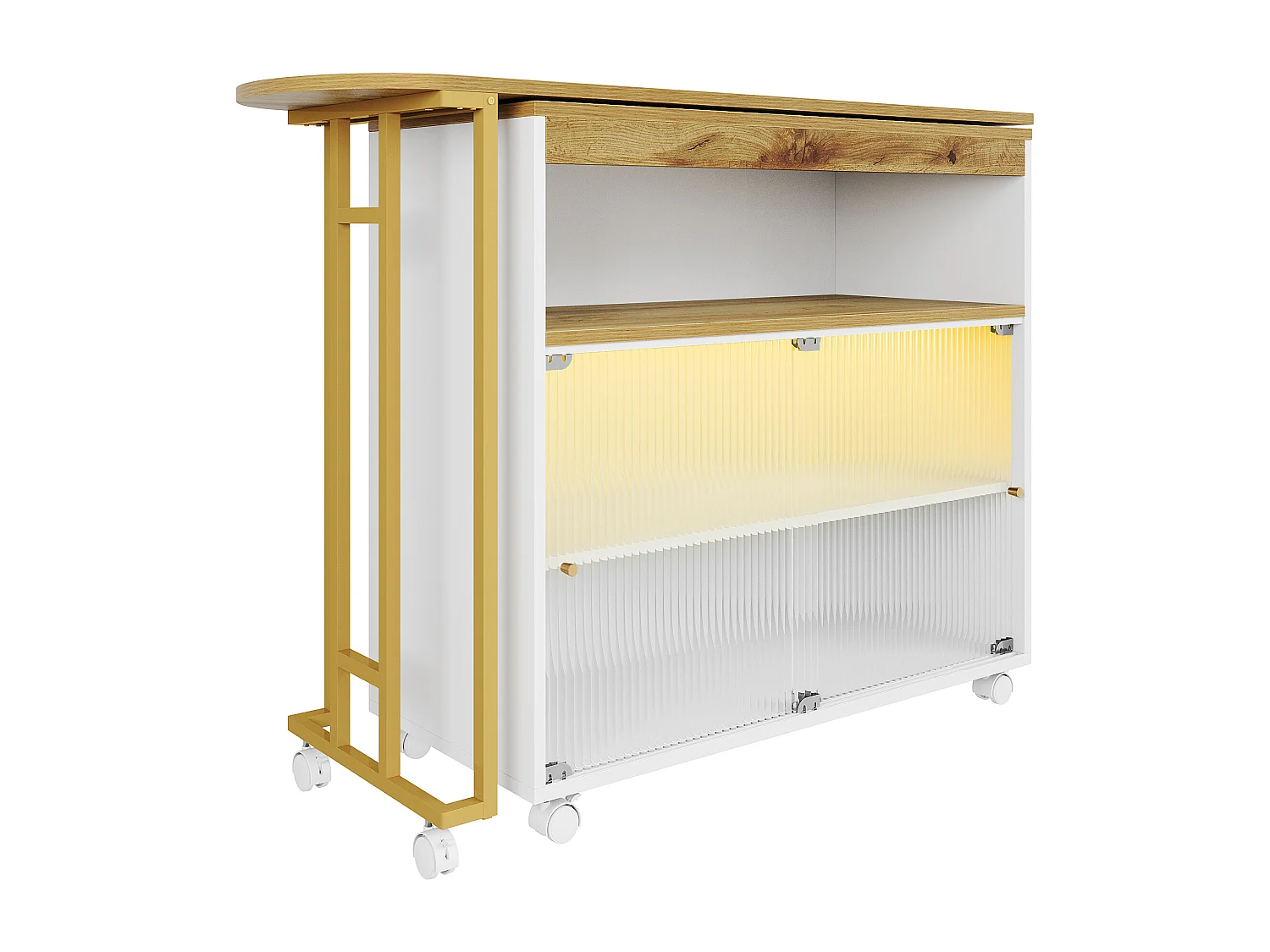 Mueble bar giratorio - Mesa de bar extensible con iluminación LED y puertas corredizas de vidrio - espacio de almacenamiento abierto - blanco