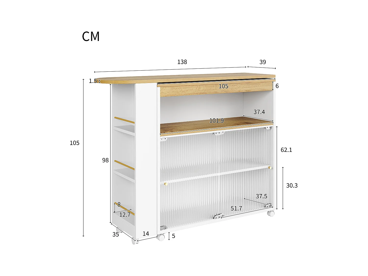 Meuble de bar rotatif - Table de bar extensible avec éclairage LED et porte coulissante en verre - 4 rangements ouverts - blanc