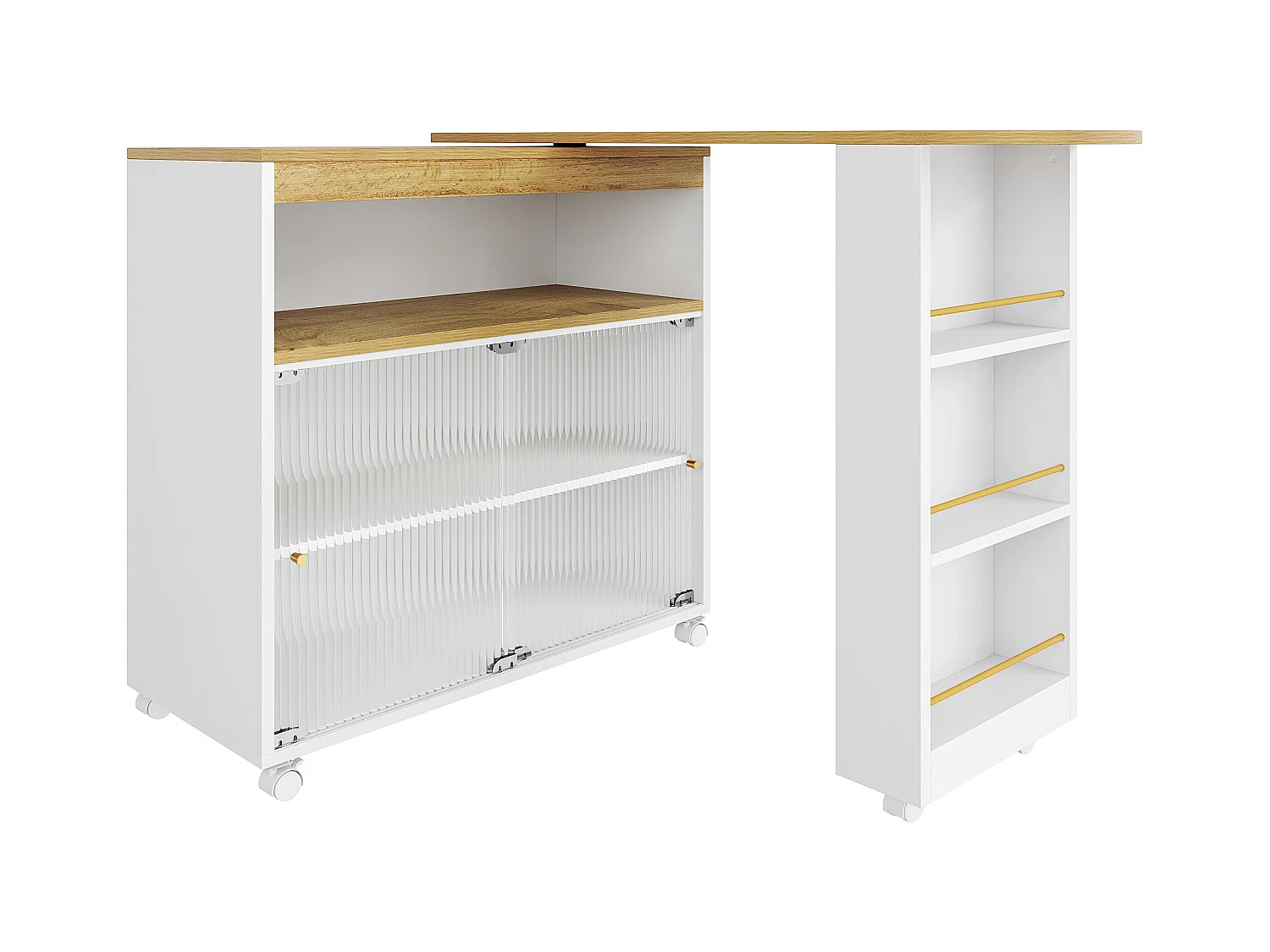 Meuble de bar rotatif - Table de bar extensible avec éclairage LED et porte coulissante en verre - 4 rangements ouverts - blanc