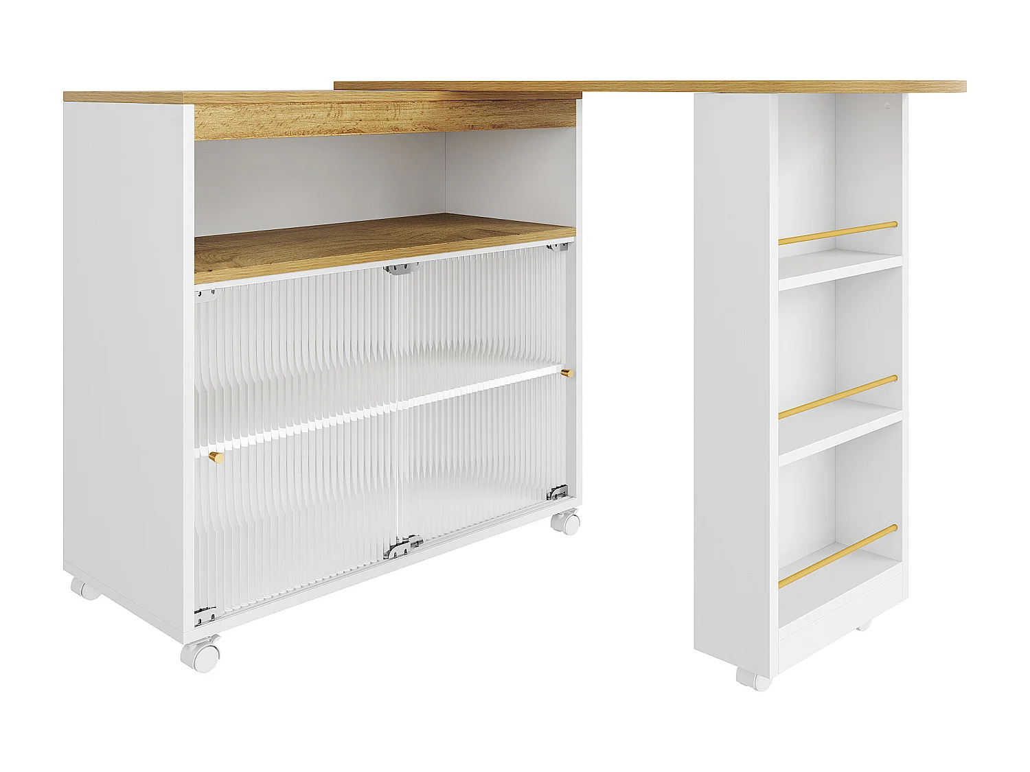 Mobile bar girevole - Tavolo bar estensibile con illuminazione a LED e porta scorrevole in vetro - 4 vani portaoggetti aperti - bianco