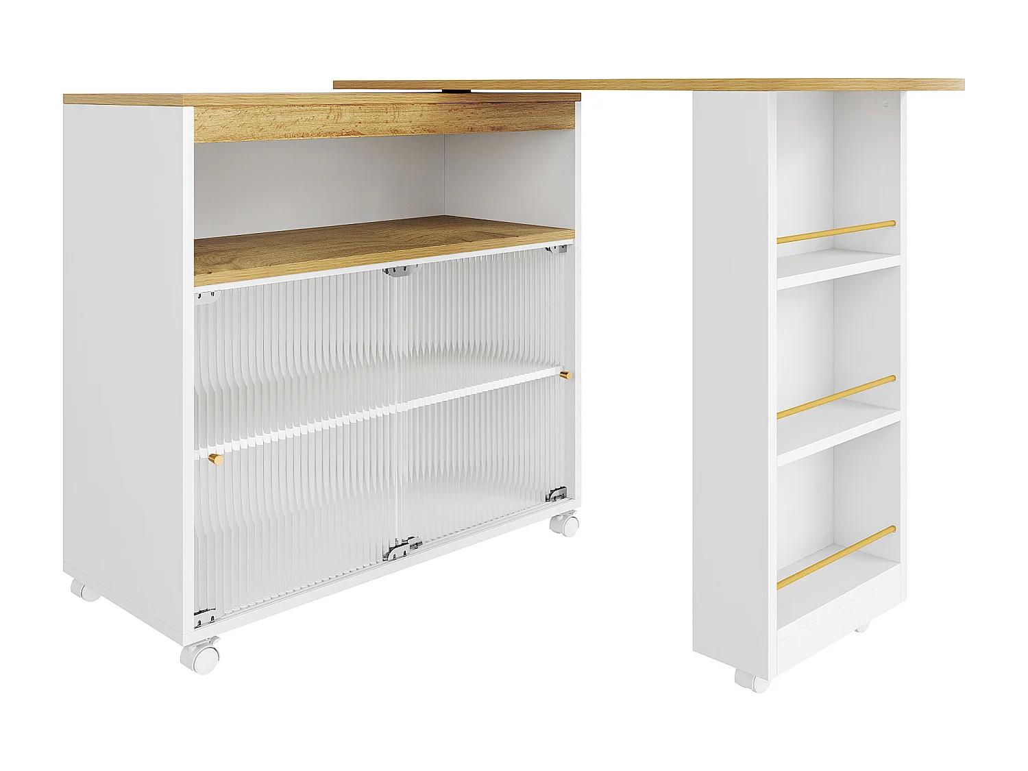 Mobile bar girevole - Tavolo bar estensibile con illuminazione a LED e porta scorrevole in vetro - 4 vani portaoggetti aperti - bianco