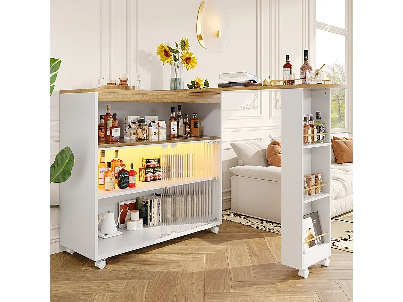 Meuble de bar rotatif - Table de bar extensible avec éclairage LED et porte coulissante en verre - 4 rangements ouverts - blanc