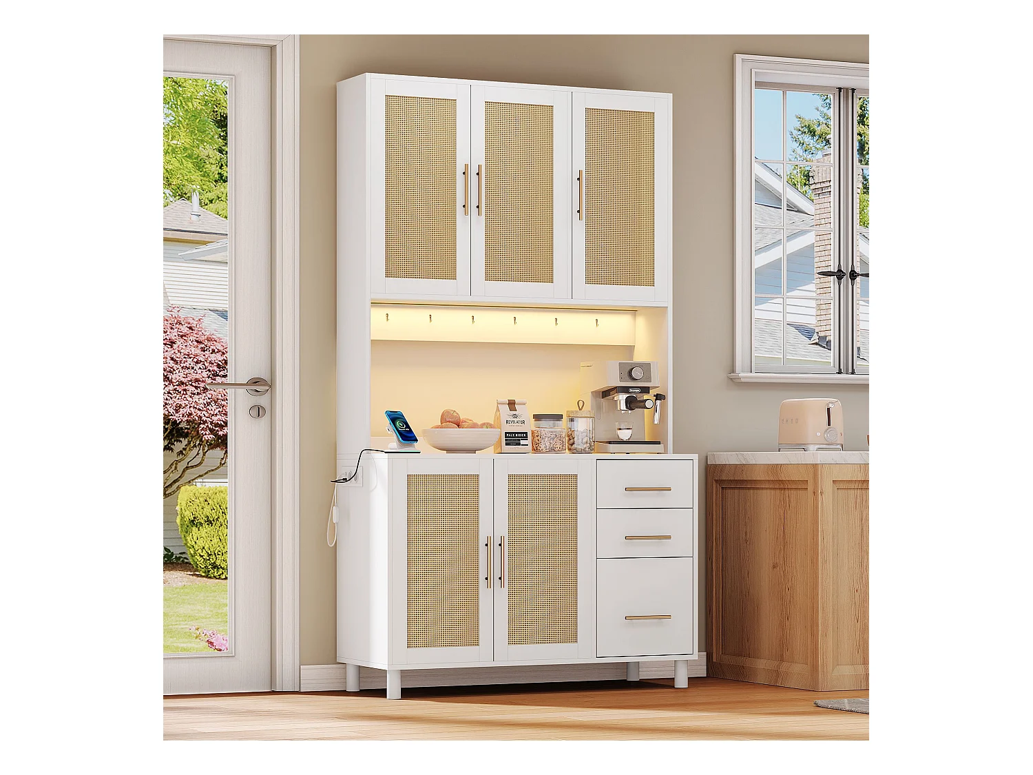 Buffet blanc - Buffet avec 3 tiroirs et 5 portes - étagères réglables et chargement USB - pour salle à manger