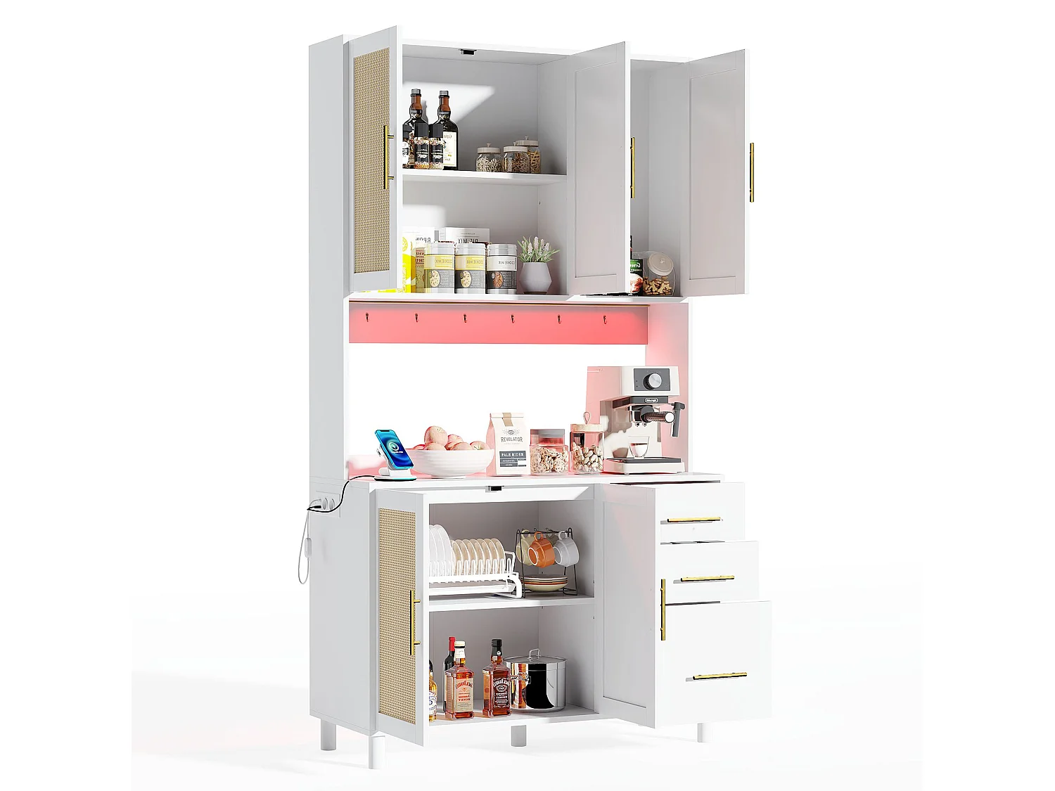 Weißes Sideboard – Sideboard mit 3 Schubladen und 5 Türen – verstellbare regale und USB-ladefunktion – für esszimmer