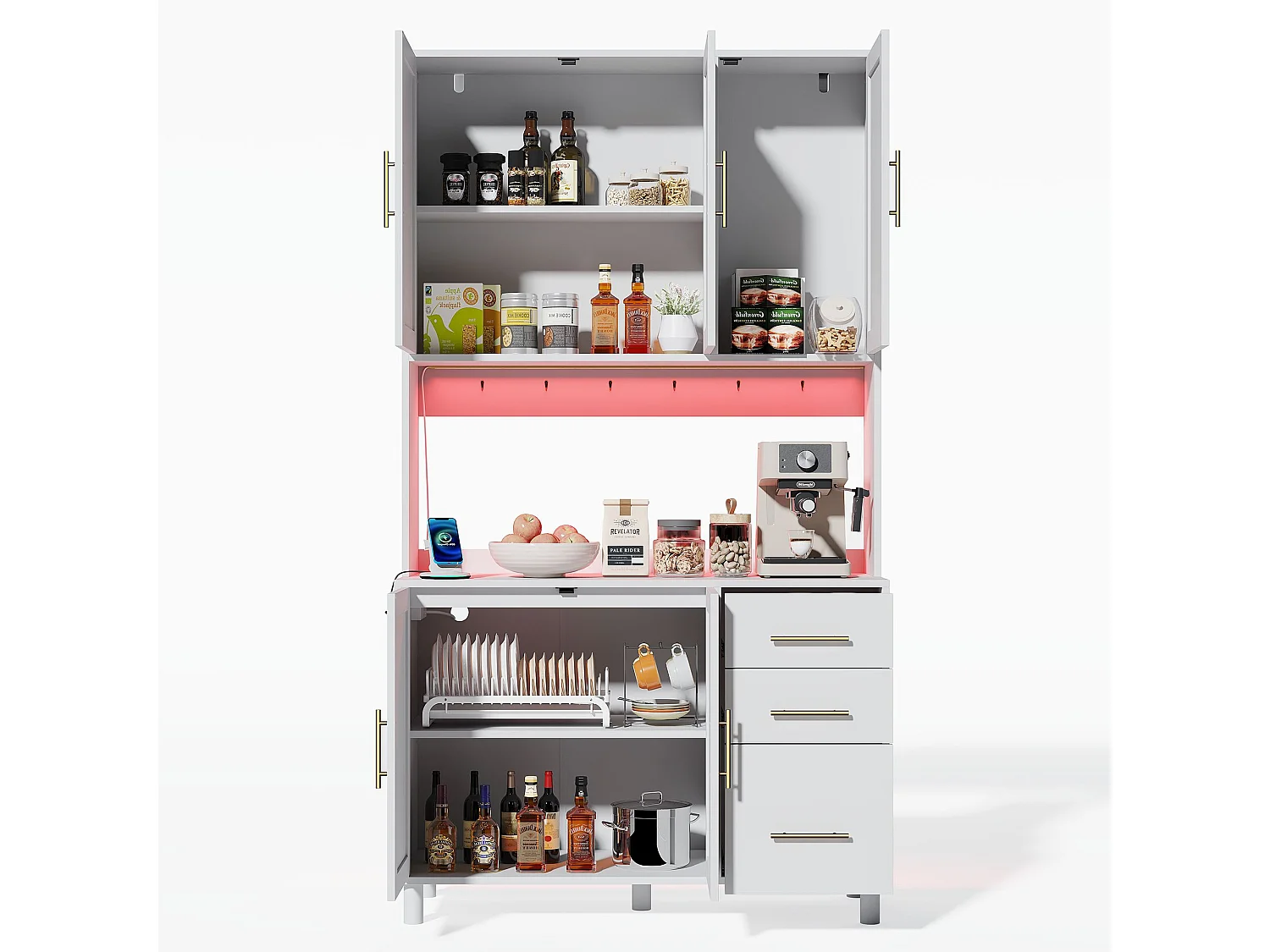 Weißes Sideboard – Sideboard mit 3 Schubladen und 5 Türen – verstellbare regale und USB-ladefunktion – für esszimmer