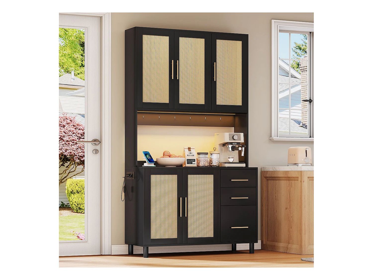 Buffet noir - Buffet avec 3 tiroirs et 5 portes - étagères réglables et chargement USB - pour salle à manger