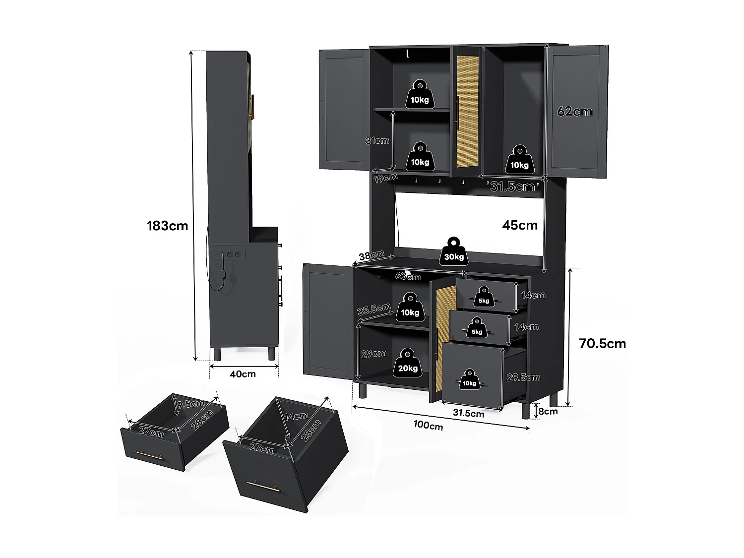 Schwarzes Sideboard – Sideboard mit 3 Schubladen und 5 Türen – verstellbare regale und USB-ladefunktion – für esszimmer