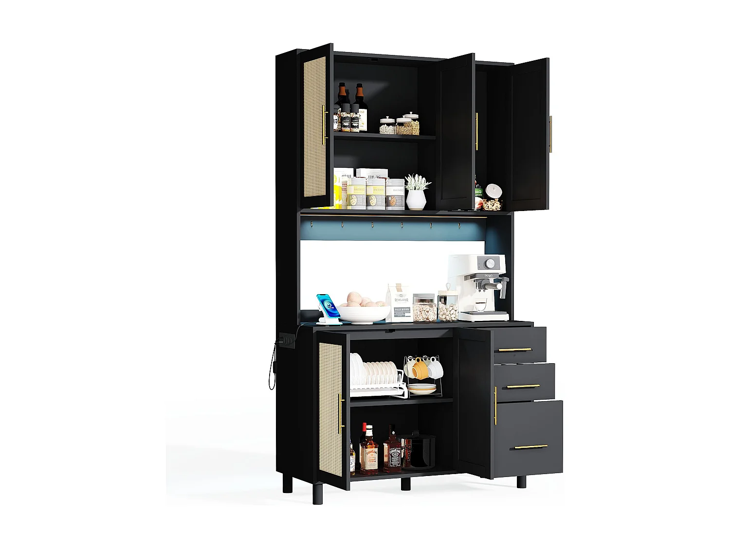 Schwarzes Sideboard – Sideboard mit 3 Schubladen und 5 Türen – verstellbare regale und USB-ladefunktion – für esszimmer