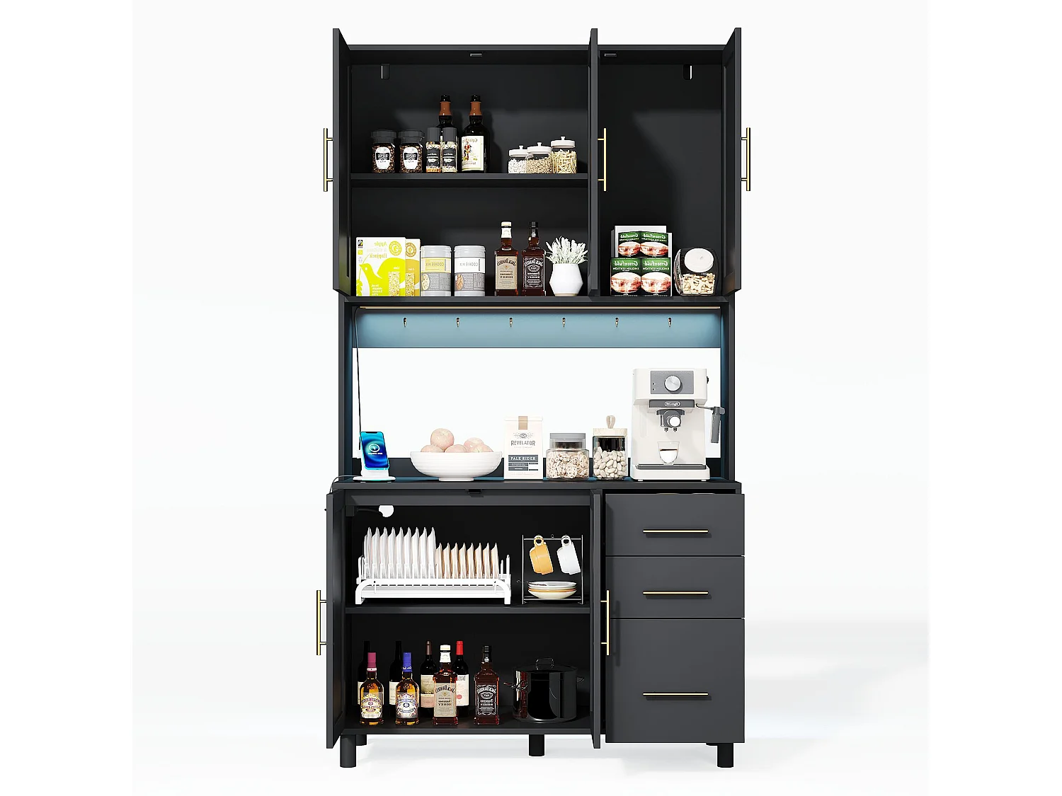 Schwarzes Sideboard – Sideboard mit 3 Schubladen und 5 Türen – verstellbare regale und USB-ladefunktion – für esszimmer