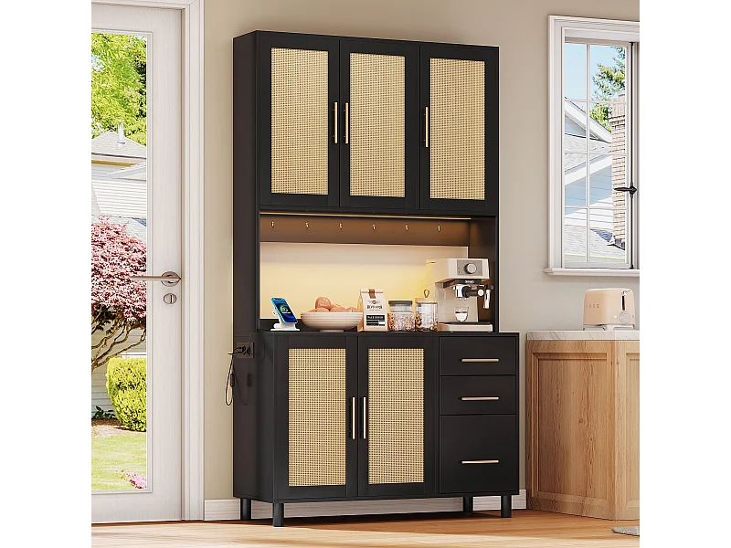 Buffet noir - Buffet avec 3 tiroirs et 5 portes - étagères réglables et chargement USB - pour salle à manger