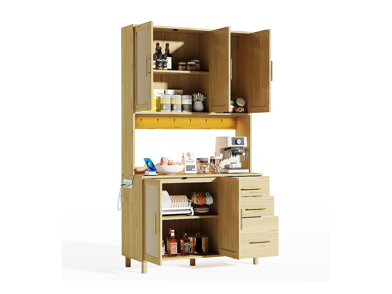 Buffet naturel - Buffet avec 3 tiroirs et 5 portes - étagères réglables et chargement USB - pour salle à manger