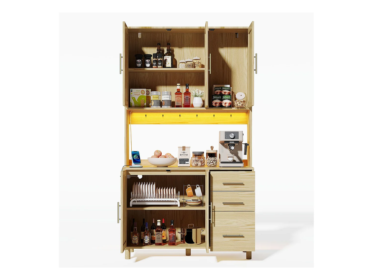 Buffet naturel - Buffet avec 3 tiroirs et 5 portes - étagères réglables et chargement USB - pour salle à manger