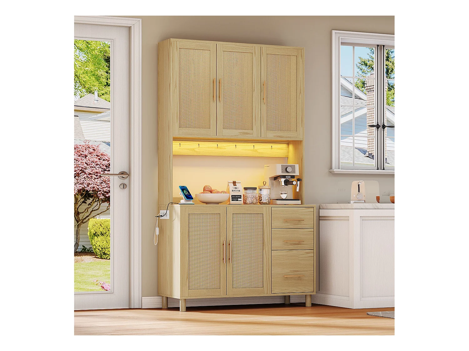 Natuurlijke hoge dressoir - Dressoir met 3 lades en 5 deuren - Verstelbare planken en USB-oplaadfunctie - voor eetkamer