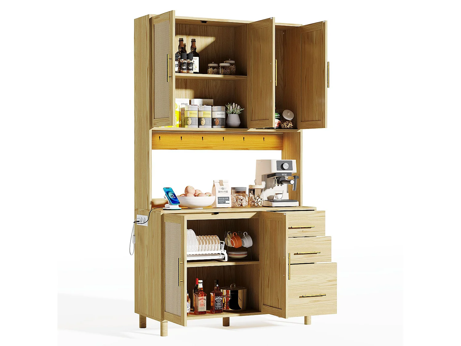 Buffet naturel - Buffet avec 3 tiroirs et 5 portes - étagères réglables et chargement USB - pour salle à manger