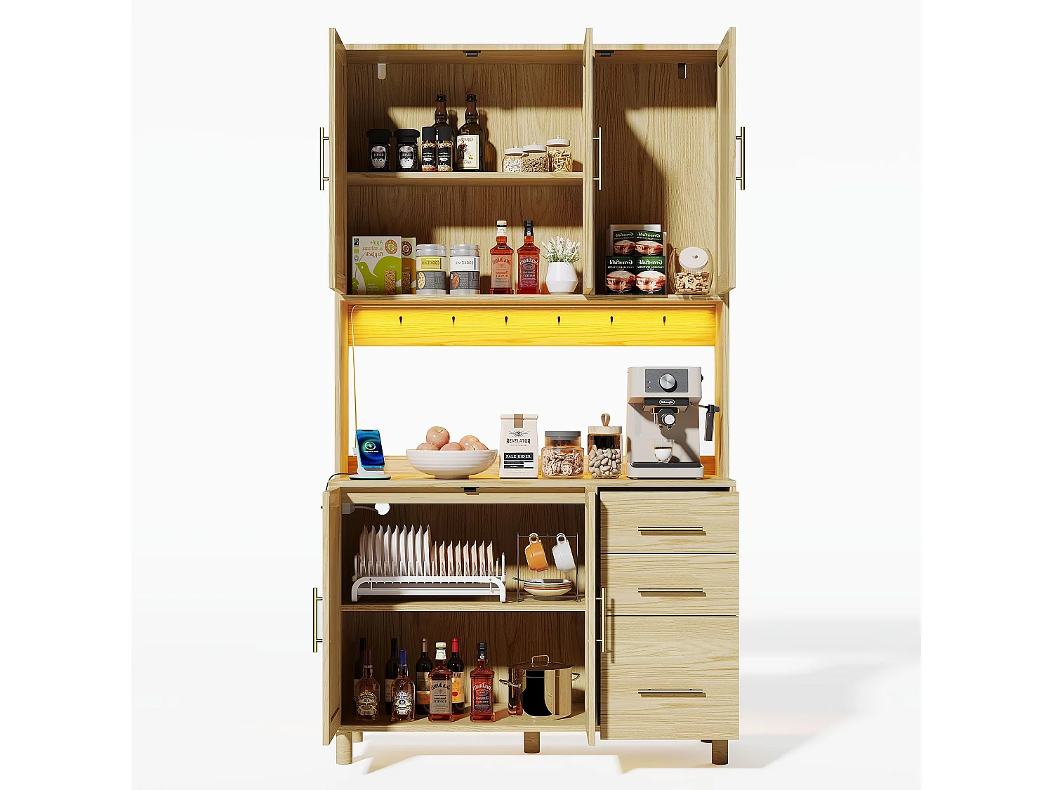 Buffet naturel - Buffet avec 3 tiroirs et 5 portes - étagères réglables et chargement USB - pour salle à manger