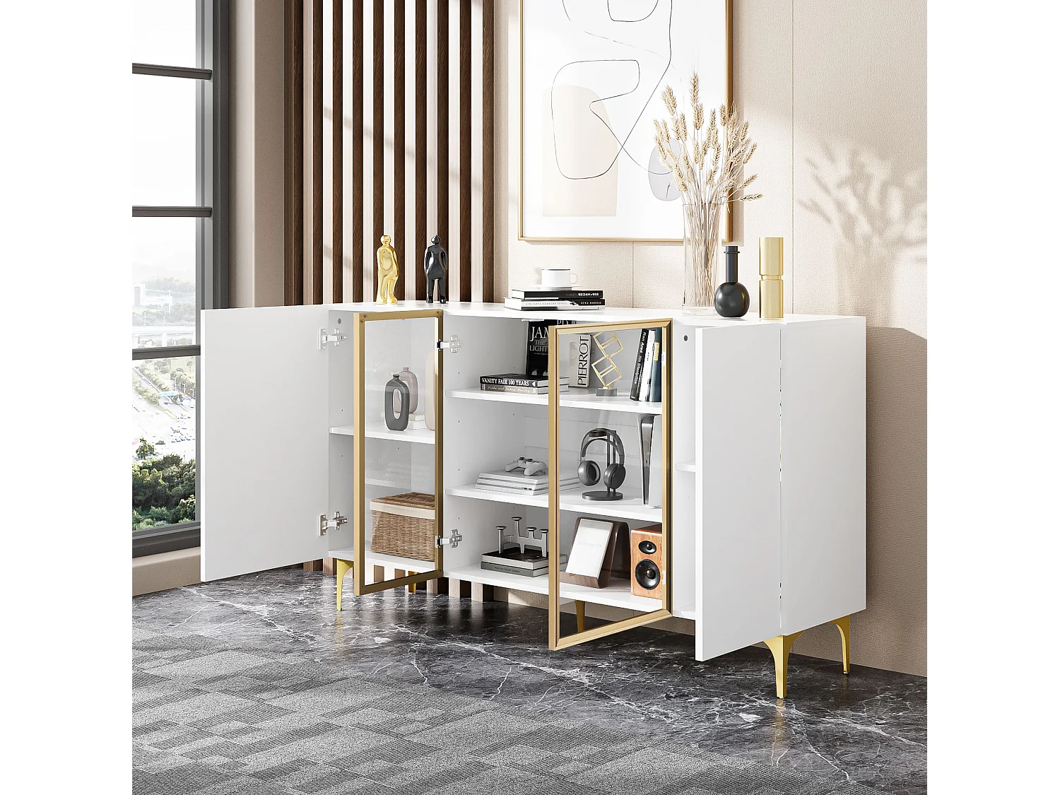 Buffet blanc - Buffet avec 4 portes et 5 pieds en métal - portes vitrées - pour salon et salle à manger