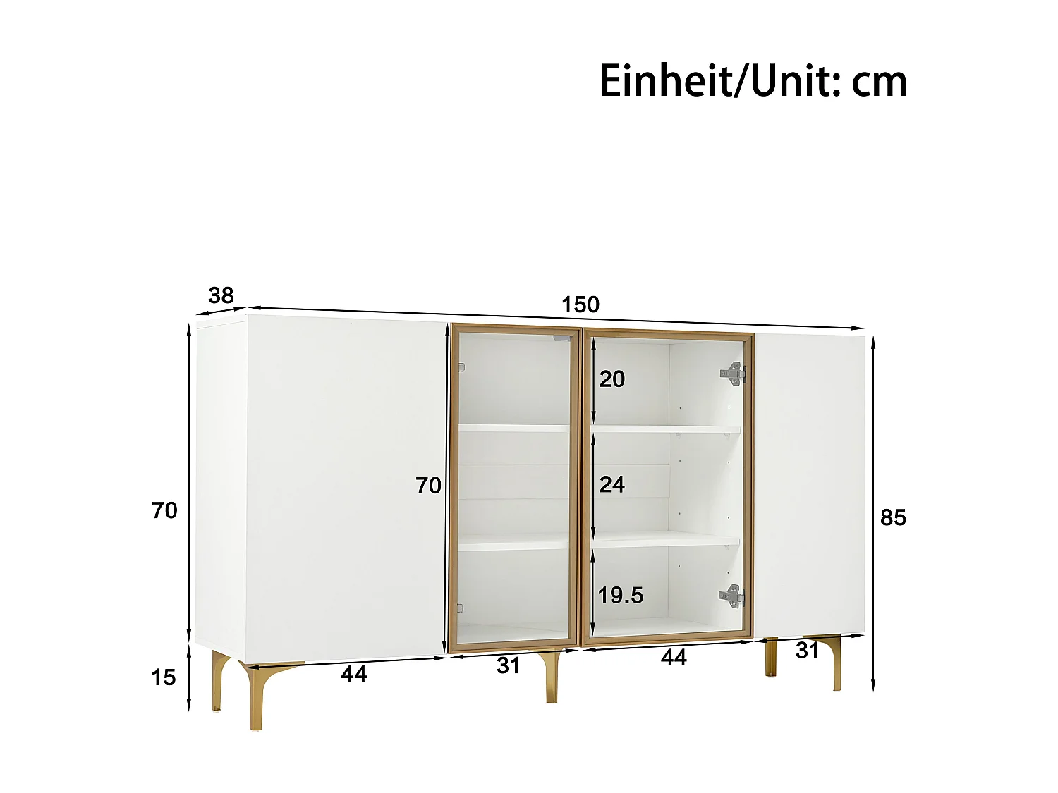 Buffet blanc - Buffet avec 4 portes et 5 pieds en métal - portes vitrées - pour salon et salle à manger