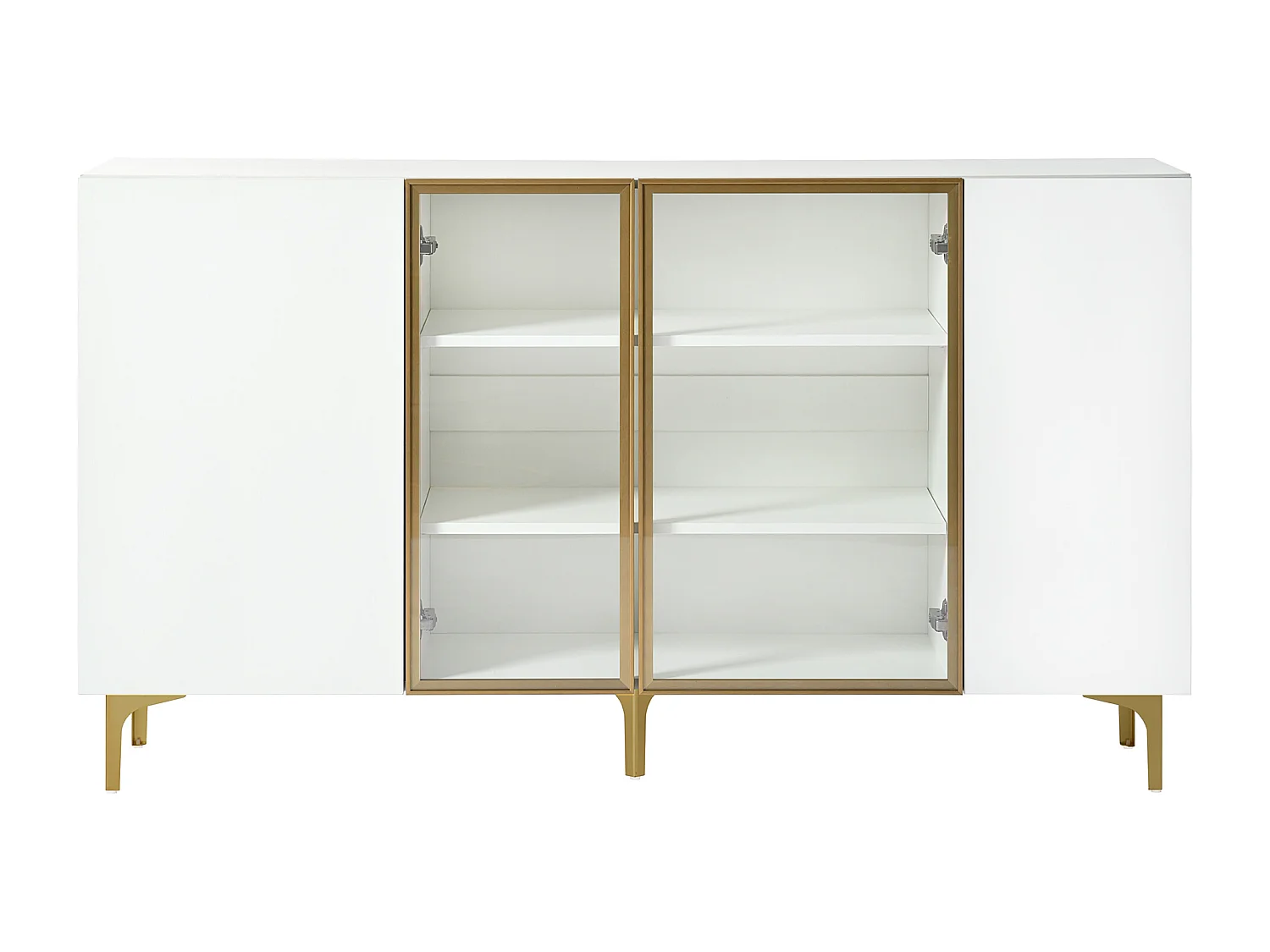 Buffet blanc - Buffet avec 4 portes et 5 pieds en métal - portes vitrées - pour salon et salle à manger