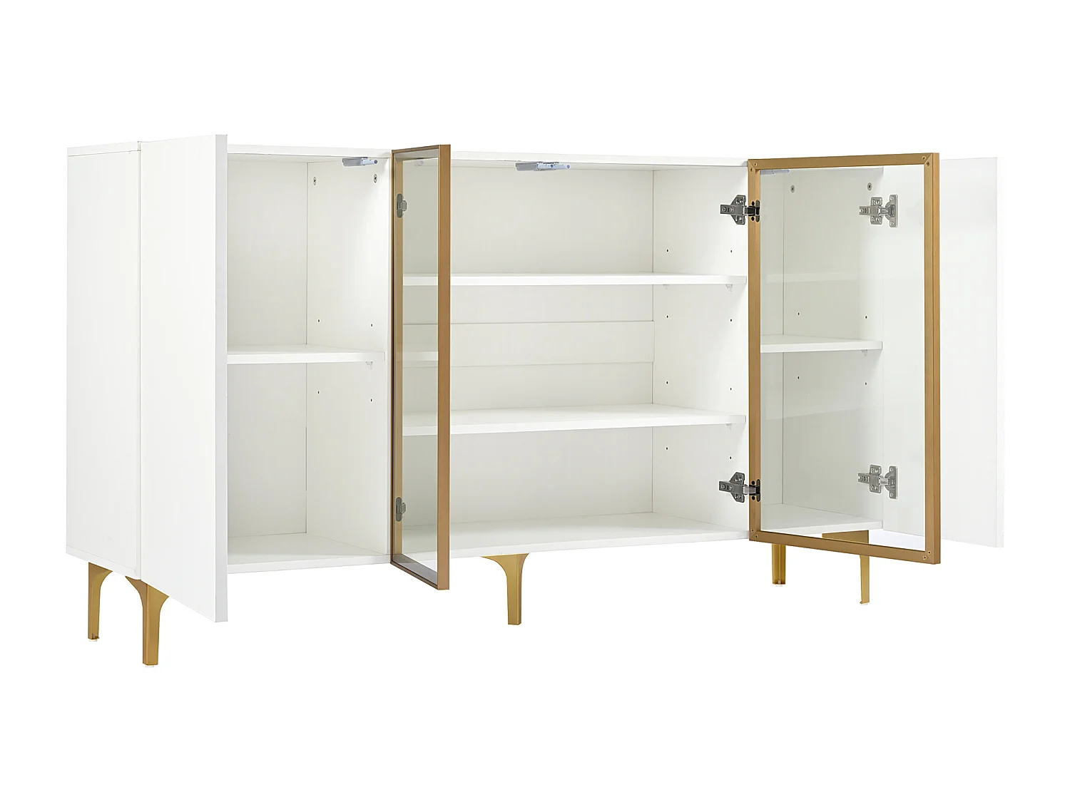 Buffet blanc - Buffet avec 4 portes et 5 pieds en métal - portes vitrées - pour salon et salle à manger