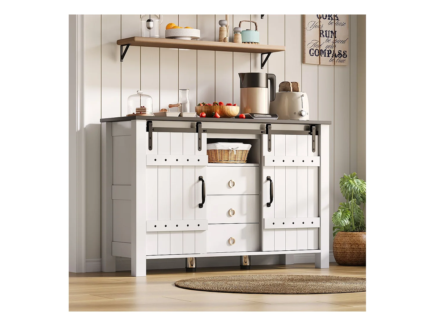 Buffet blanc - Buffet avec 2 portes coulissantes et 3 tiroirs - rangement ouvert - pour salle à manger et salon