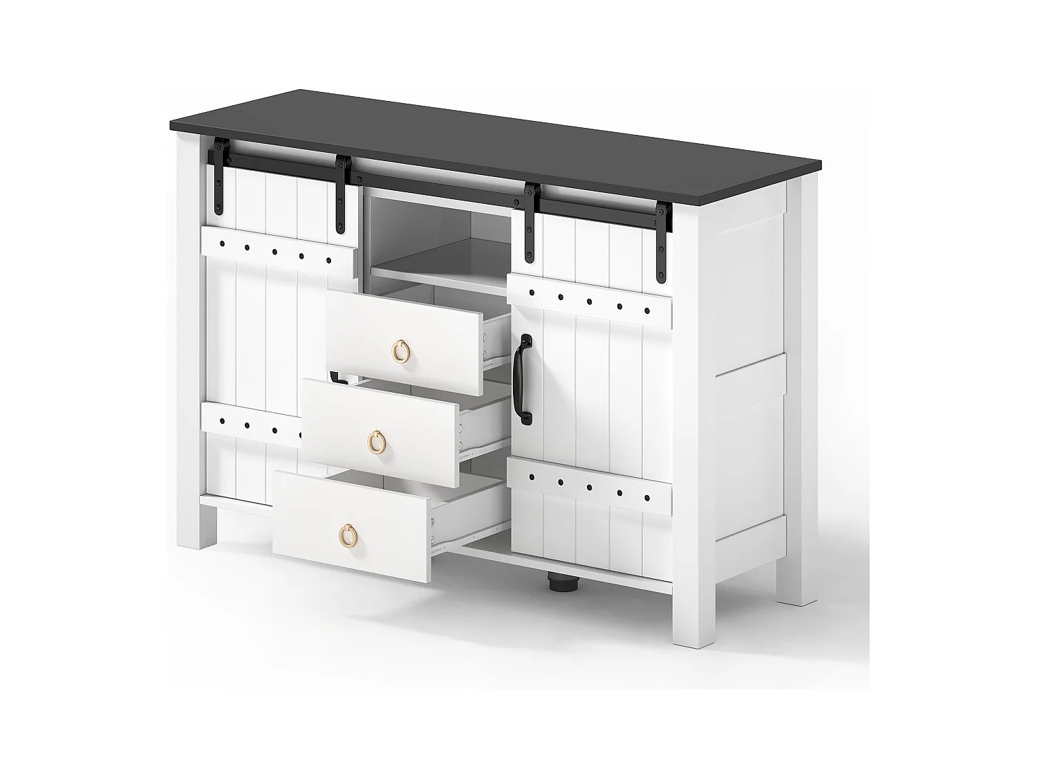 Buffet blanc - Buffet avec 2 portes coulissantes et 3 tiroirs - rangement ouvert - pour salle à manger et salon