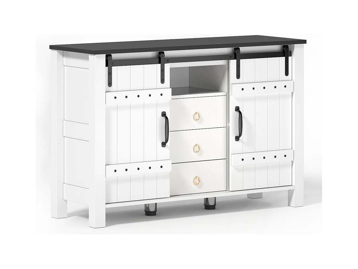 Buffet blanc - Buffet avec 2 portes coulissantes et 3 tiroirs - rangement ouvert - pour salle à manger et salon