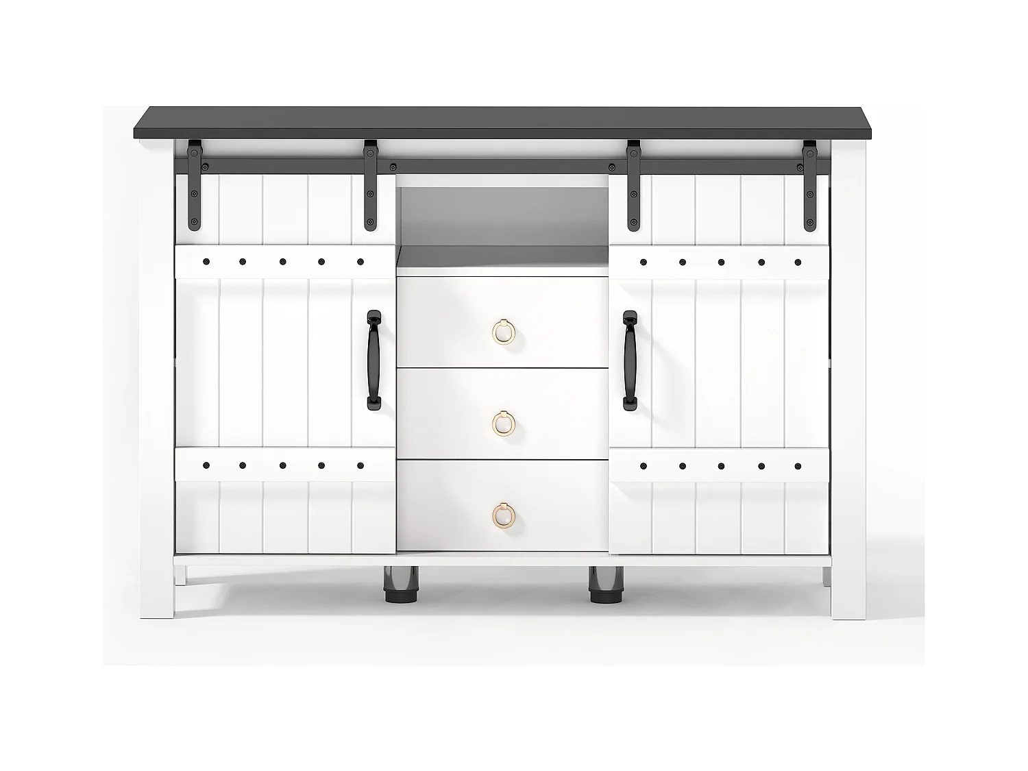 Buffet blanc - Buffet avec 2 portes coulissantes et 3 tiroirs - rangement ouvert - pour salle à manger et salon