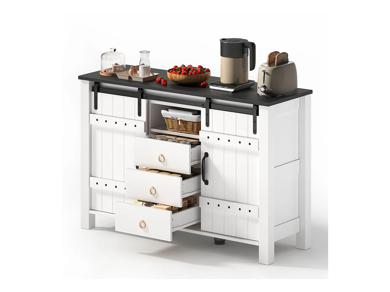 Buffet blanc - Buffet avec 2 portes coulissantes et 3 tiroirs - rangement ouvert - pour salle à manger et salon