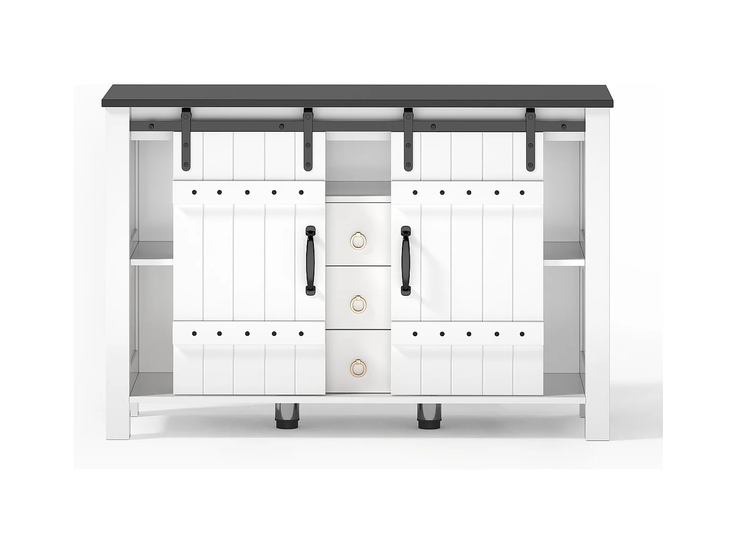 Buffet blanc - Buffet avec 2 portes coulissantes et 3 tiroirs - rangement ouvert - pour salle à manger et salon