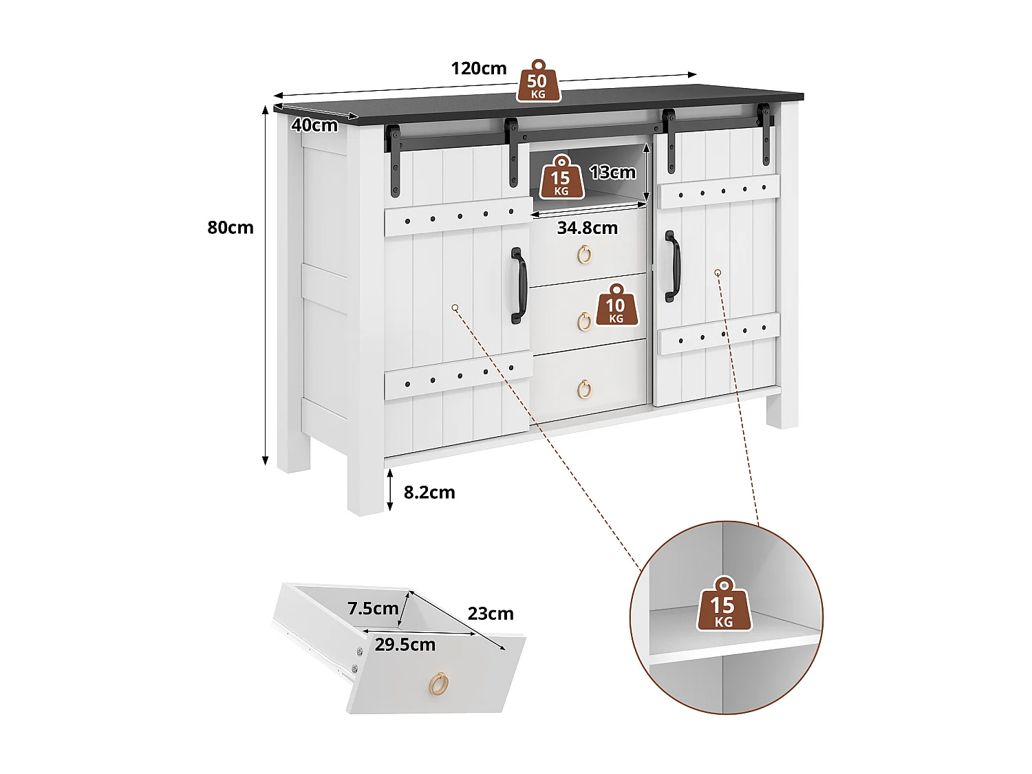 Buffet blanc - Buffet avec 2 portes coulissantes et 3 tiroirs - rangement ouvert - pour salle à manger et salon