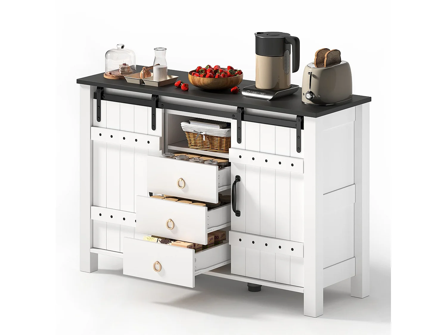 Buffet blanc - Buffet avec 2 portes coulissantes et 3 tiroirs - rangement ouvert - pour salle à manger et salon